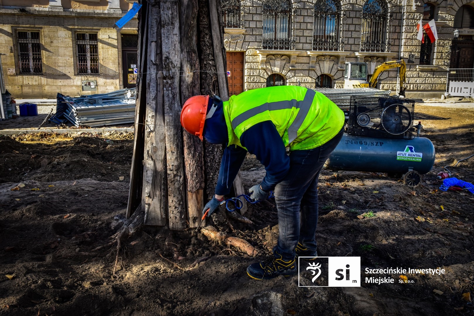 Zabytkowy szpaler lip rosnący w obrębie modernizowanego Placu Orła Białego został poddany zabiegowi wydmuchiwania systemów korzeniowych.