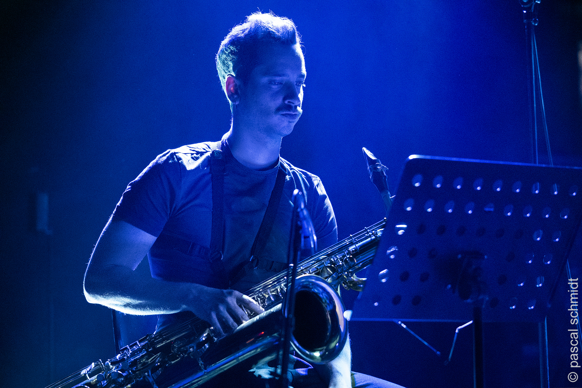 Grupa muzyków podczas koncertu, w niebieskiej poświacie. Grupa muzyków podczas koncertu, w niebieskiej poświacie.