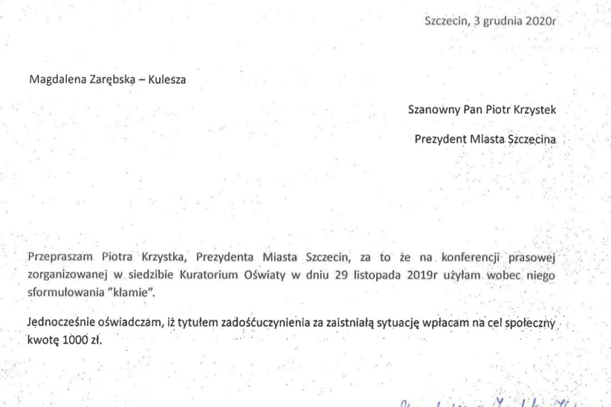 Zakończenie sprawy sądowej. Przeprosiny dla prezydenta Szczecina Zakończenie sprawy sądowej. Przeprosiny dla prezydenta Szczecina