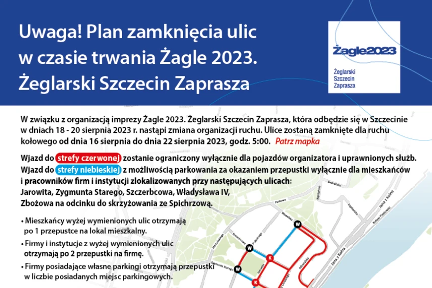 Żagle 2023 - Przypominamy o zmianach w organizacji ruchu i komunikacji miejskiej