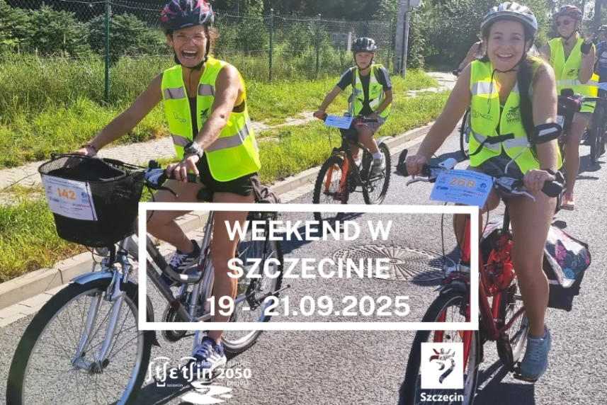 Grupa rowerzystów na grafice informacyjnej Weekend w Szczecinie 19 - 21.09.2025
