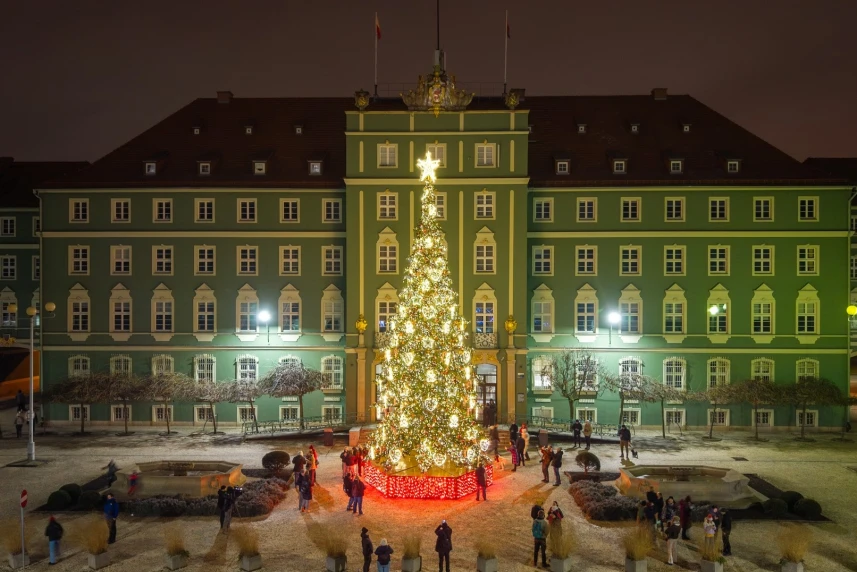 Nowa choinka miejska na placu przed urzędem miejskim w Szczecinie
