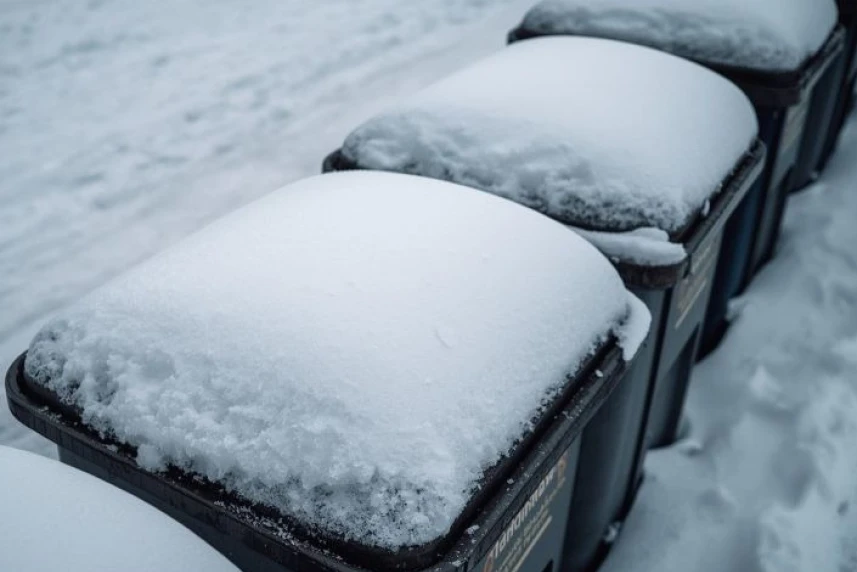 Pojemniki na śmieci pokryte grubą warstwą śniegu. Pojemniki na śmieci pokryte grubą warstwą śniegu.