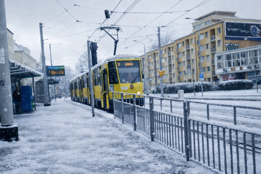 Tramwaj w zimowej scenerii w centrum Szczecina