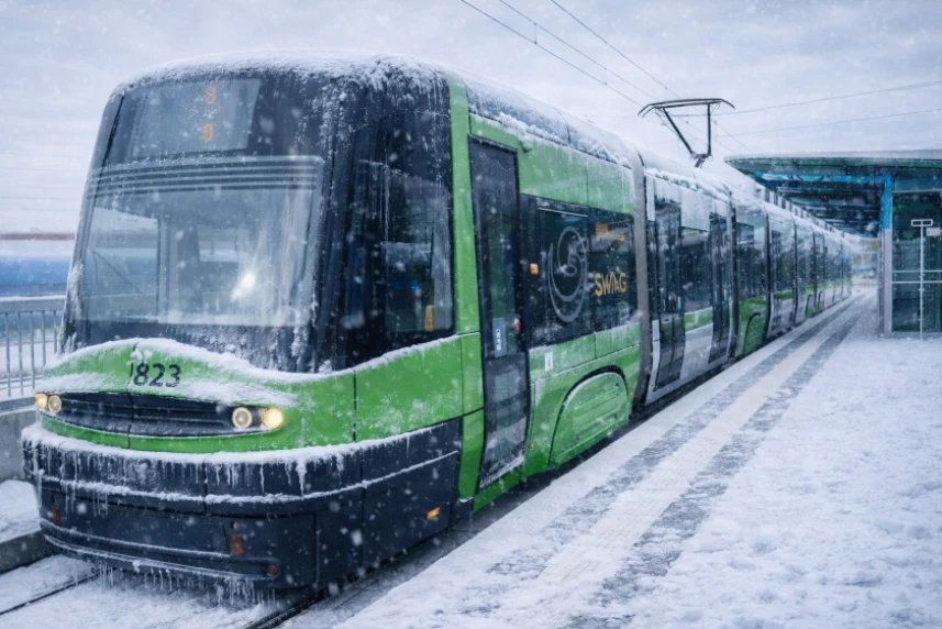 Tramwaj w zimowej scenerii. Tramwaj w zimowej scenerii.