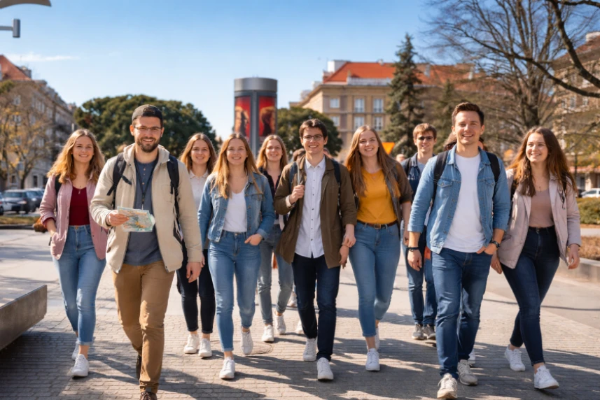 Grupa młodych ludzi spacerujących po Szczecinie.