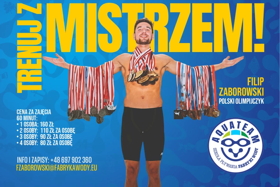 Filip Zaborowski będzie uczył pływać w Fabryce Wody. Grafika ilustracyjna